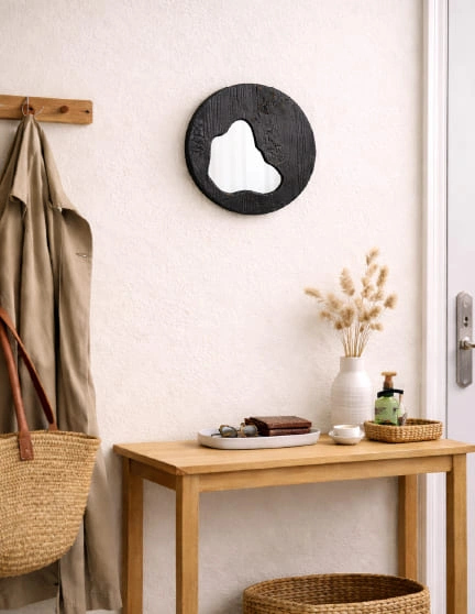 miroir rond asym&eacute;trique bois br&ucirc;l&eacute;